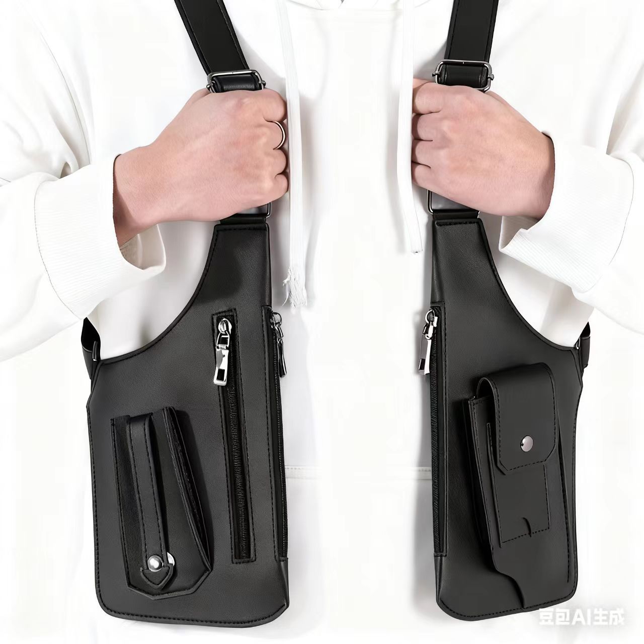 Sacoche Holster Homme Antivol en Cuir PU Double Bandoulière Réglable - حقيبة كتف مضادة للسرقة ومقاومة للماء للرجال 2
