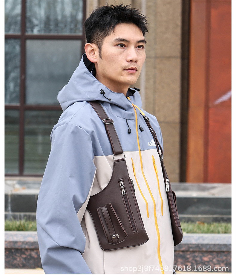 Sacoche Holster Homme Antivol en Cuir PU Double Bandoulière Réglable - حقيبة كتف مضادة للسرقة ومقاومة للماء للرجال 7