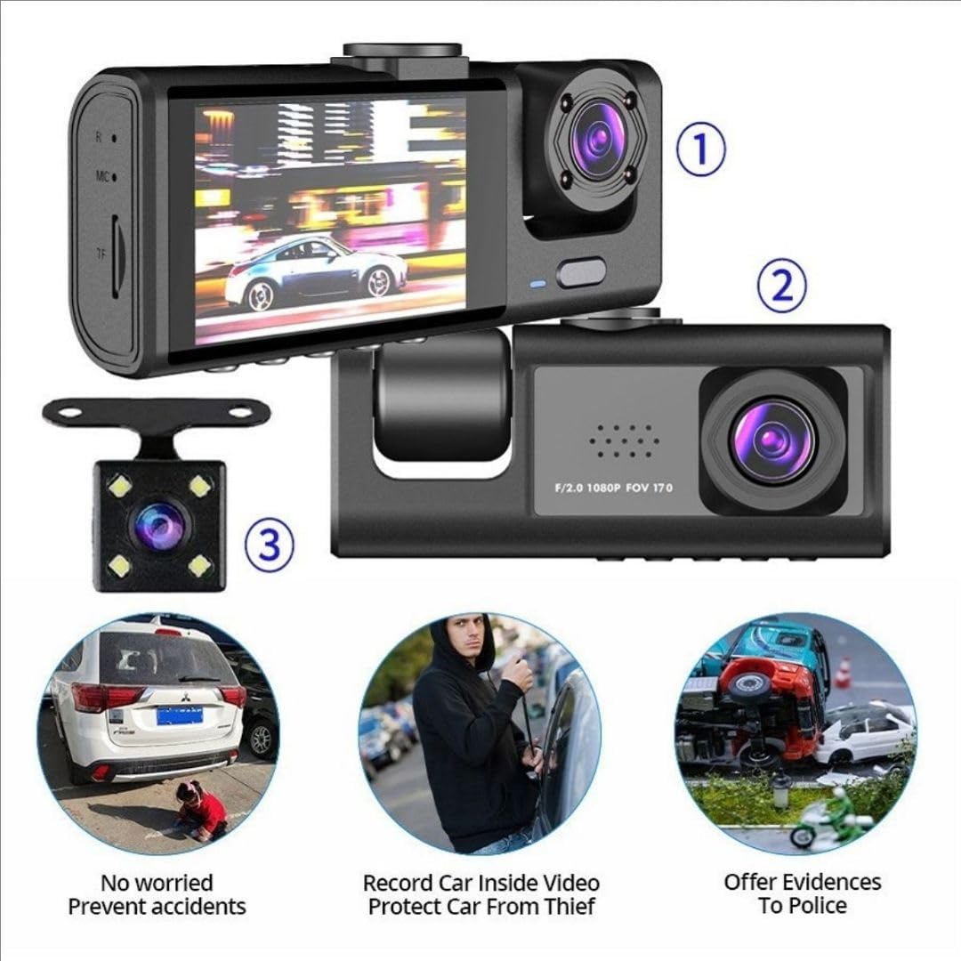 Black Box Caméra d'Aide au Stationnement et Dashcam Voiture 3 Canaux 1080P Full HD - كاميرا قيادة السيارات الثلاثية مع شاشة وزاوية عريضة 170 درجة - 5
