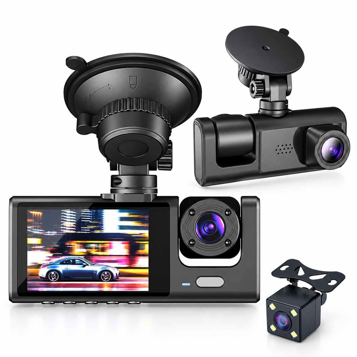 Black Box Caméra d'Aide au Stationnement et Dashcam Voiture 3 Canaux 1080P Full HD - كاميرا قيادة السيارات الثلاثية مع شاشة وزاوية عريضة 170 درجة 2