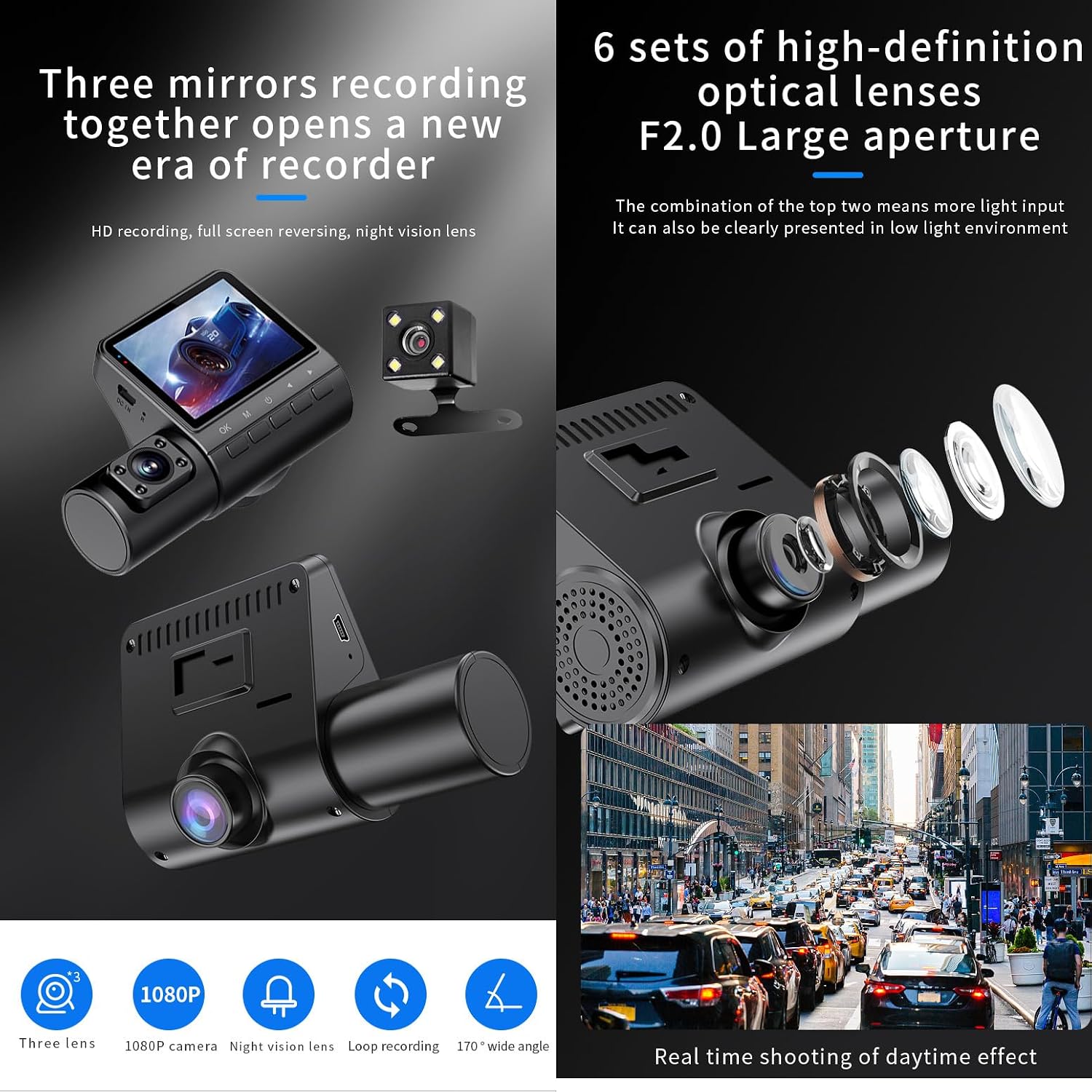 Car DVR Caméra Dashcam Voiture 3 Canaux 1080P Full HD Vision Nocturne Infrarouge - كاميرا قيادة السيارات الثلاثية مع رؤية ليلية بالأشعة تحت الحمراء 10