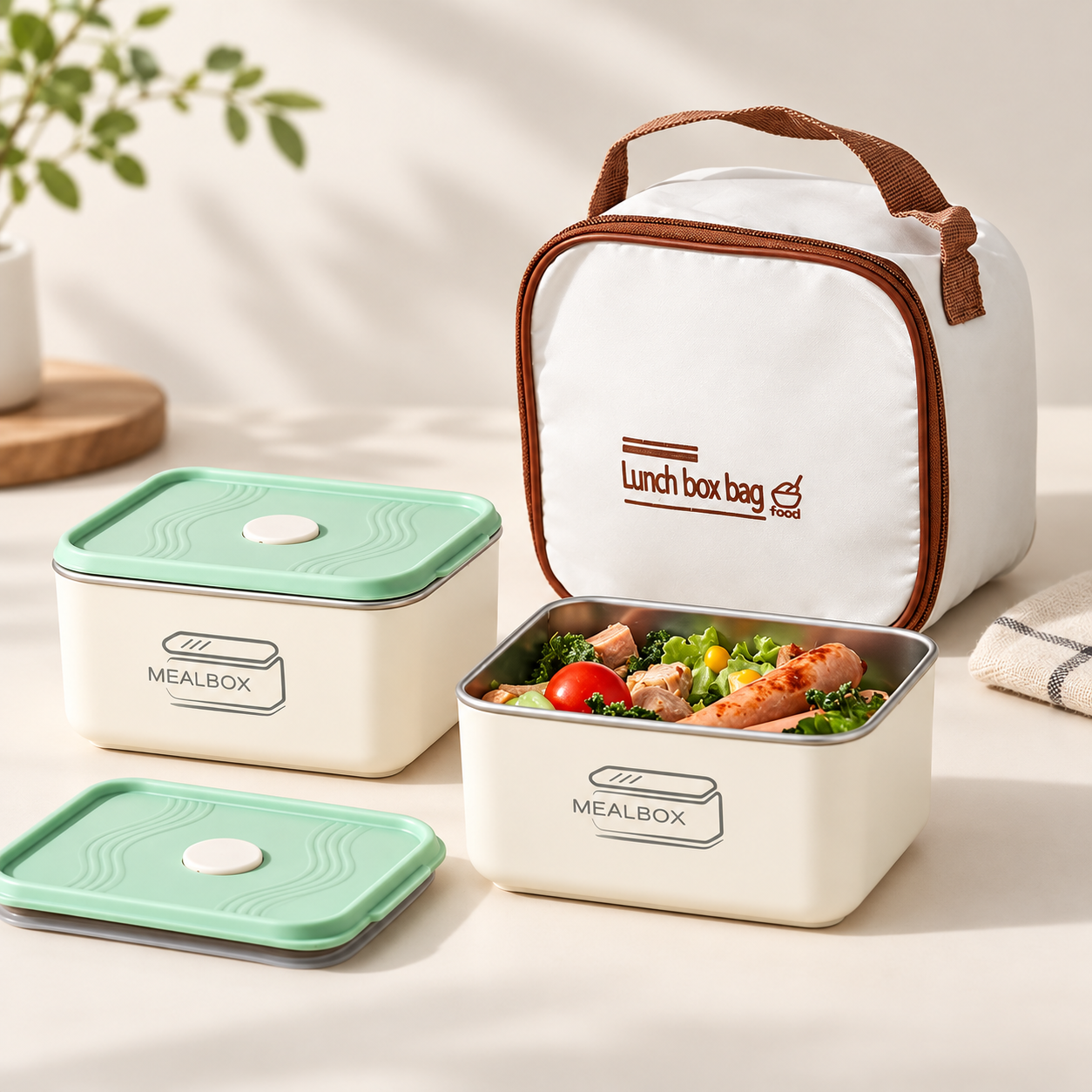 Ensemble Boîte à Lunch en Acier Inoxydable 2Pcs avec Sac Isotherme - طقم علب حفظ الطعام والوجبات من الاينوكس مع حقيبة حرارية عازلة - 3