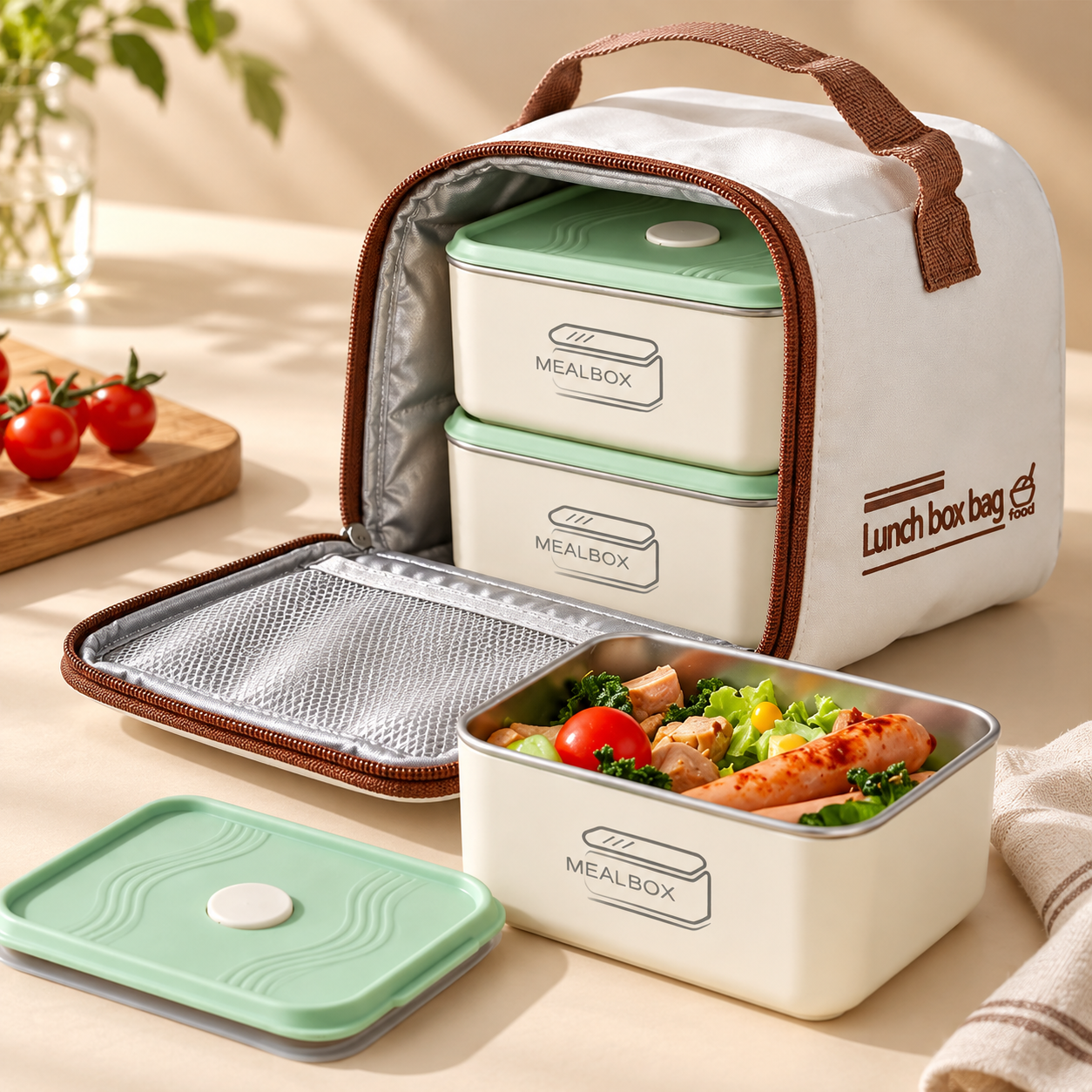 Ensemble Boîte à Lunch en Acier Inoxydable 2Pcs avec Sac Isotherme - طقم علب حفظ الطعام والوجبات من الاينوكس مع حقيبة حرارية عازلة - 4