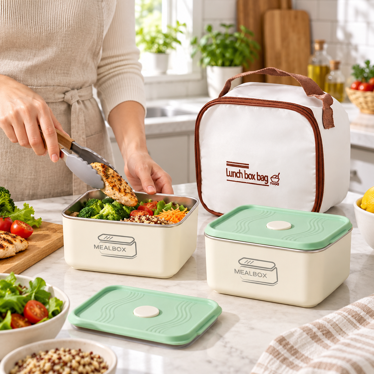 Ensemble Boîte à Lunch en Acier Inoxydable 2Pcs avec Sac Isotherme - طقم علب حفظ الطعام والوجبات من الاينوكس مع حقيبة حرارية عازلة 2
