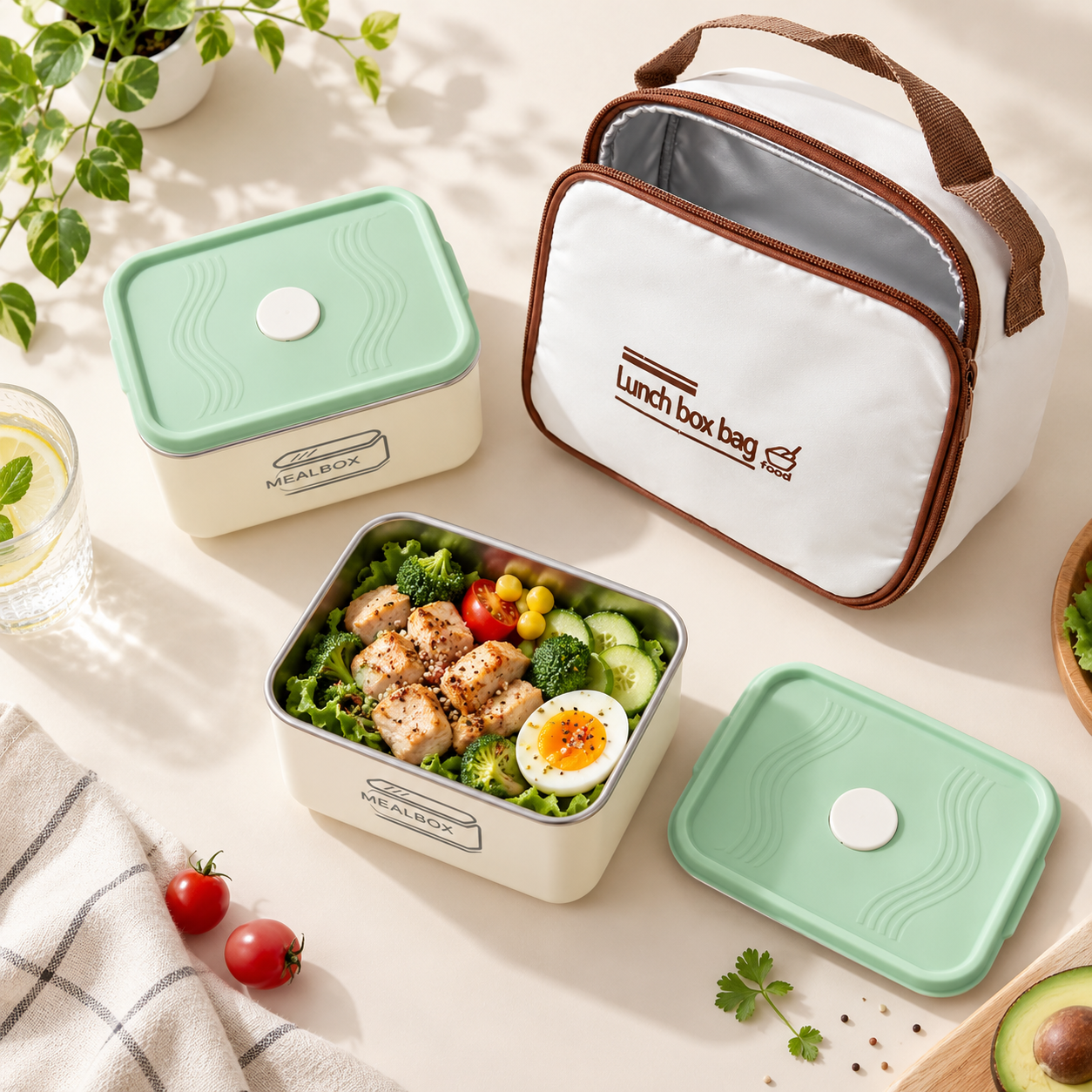 Ensemble Boîte à Lunch en Acier Inoxydable 2Pcs avec Sac Isotherme - طقم علب حفظ الطعام والوجبات من الاينوكس مع حقيبة حرارية عازلة 6