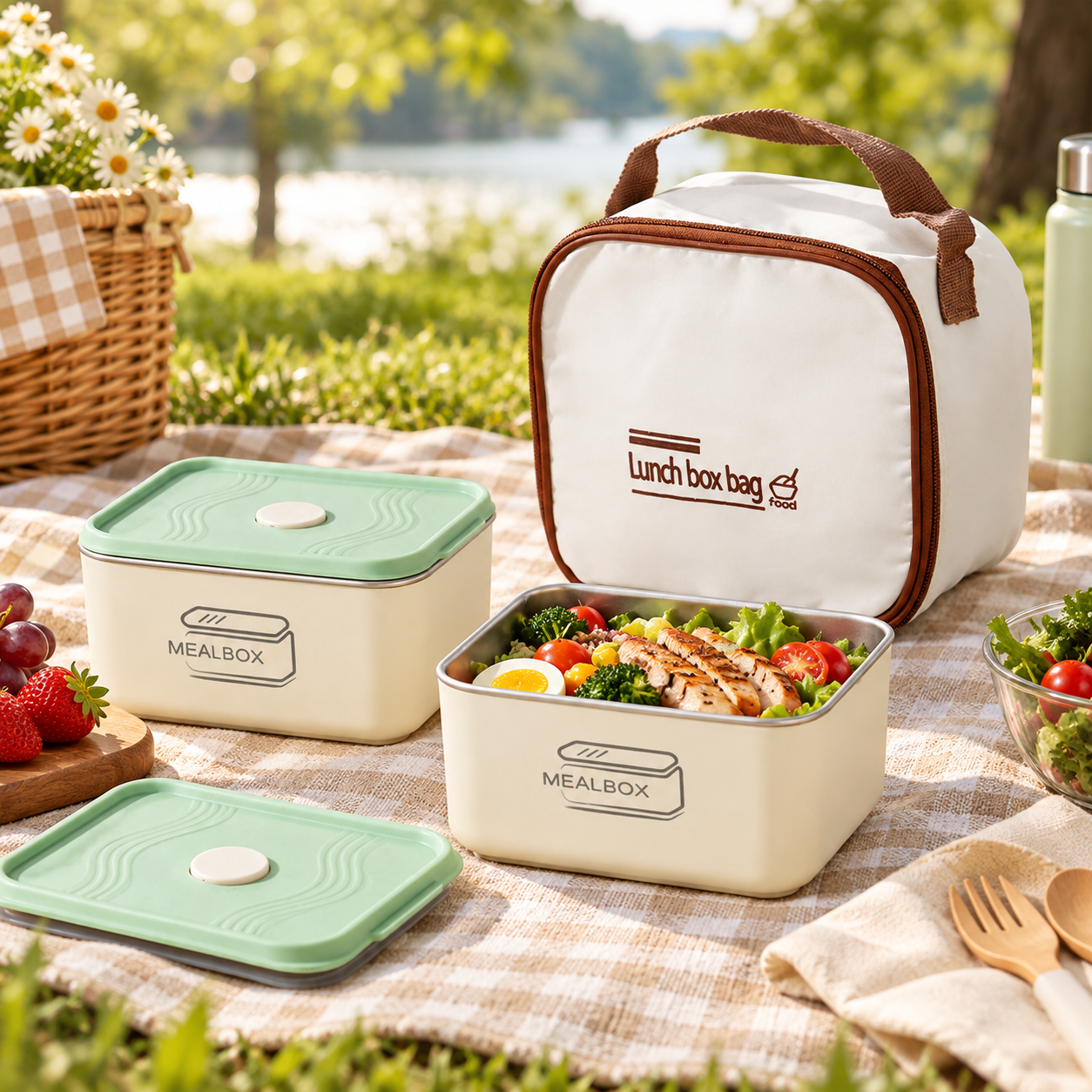 Ensemble Boîte à Lunch en Acier Inoxydable 2Pcs avec Sac Isotherme - طقم علب حفظ الطعام والوجبات من الاينوكس مع حقيبة حرارية عازلة 7