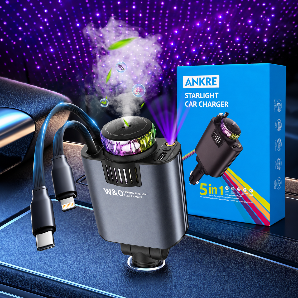 Starlight D1 Chargeur voiture rétractable 5 en 1 avec aromathérapie et lumière des étoiles - شاحن سريع للسيارة مع معطر