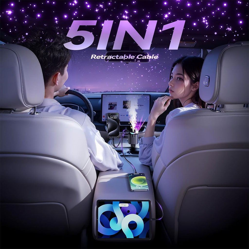 Starlight D1 Chargeur voiture rétractable 5 en 1 avec aromathérapie et lumière des étoiles - شاحن سريع للسيارة مع معطر - 5