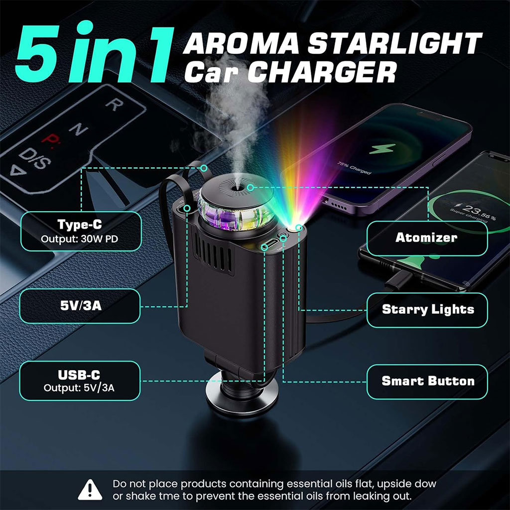 Starlight D1 Chargeur voiture rétractable 5 en 1 avec aromathérapie et lumière des étoiles - شاحن سريع للسيارة مع معطر - 9