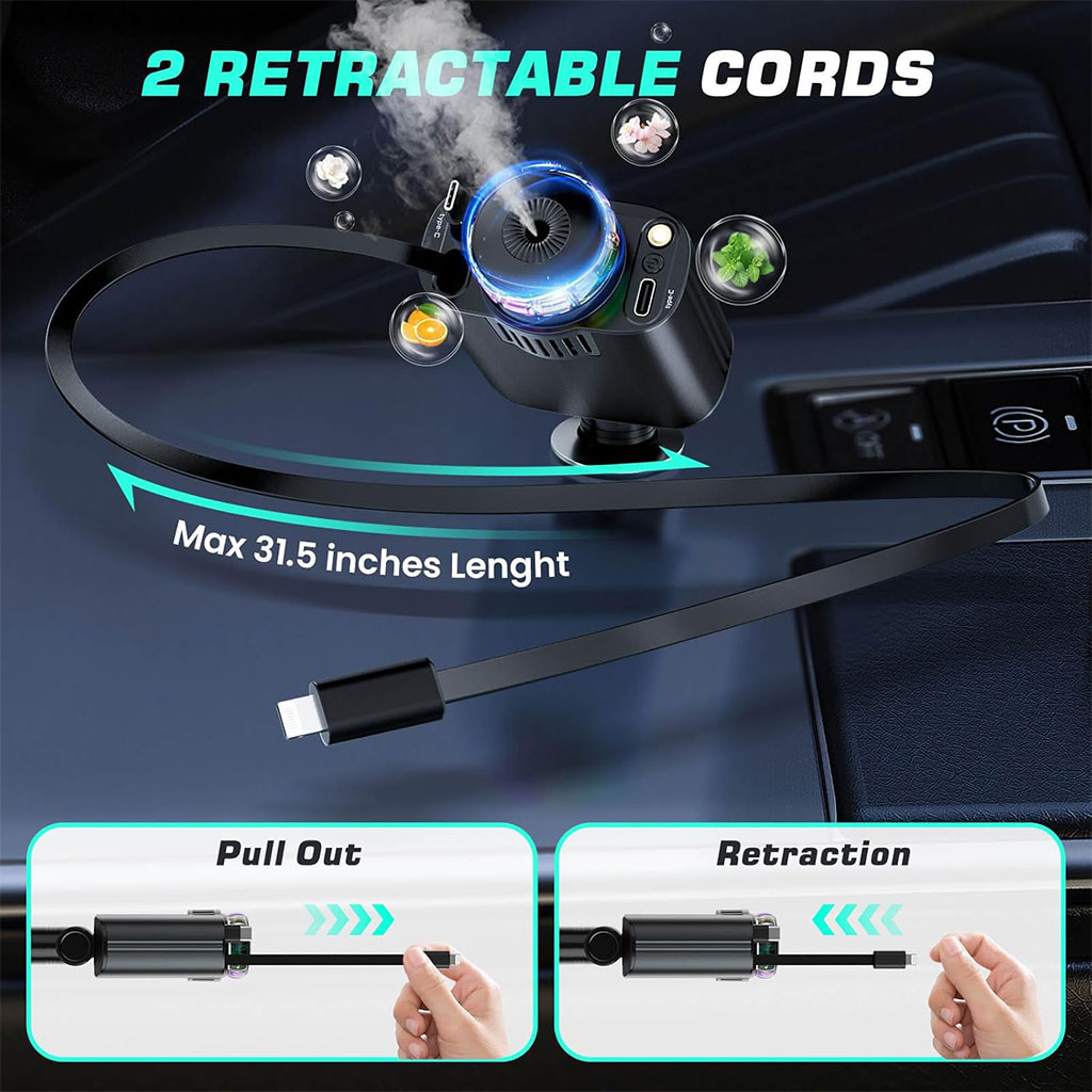 Starlight D1 Chargeur voiture rétractable 5 en 1 avec aromathérapie et lumière des étoiles - شاحن سريع للسيارة مع معطر - 8