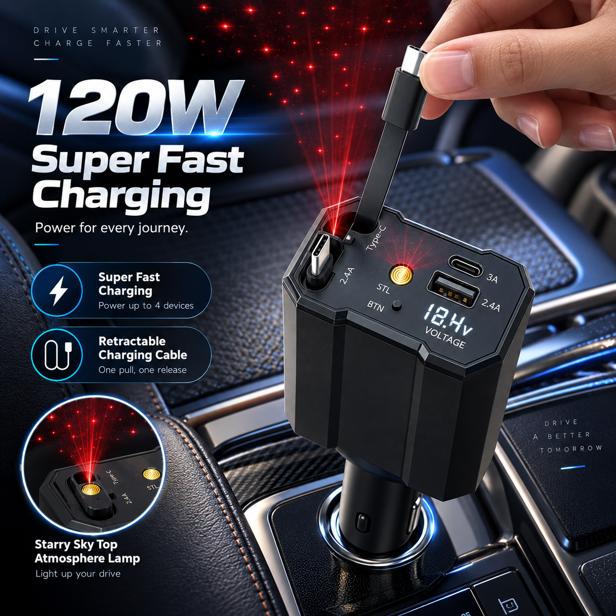 Chargeur 120W 5 en 1 avec Câbles Rétractables Ports USB,Type-C et Veilleuse Ciel Étoilé - شاحن سيارة سريع 120 واط متعدد المنافذ مع إضاءة سقف نجوم - 2