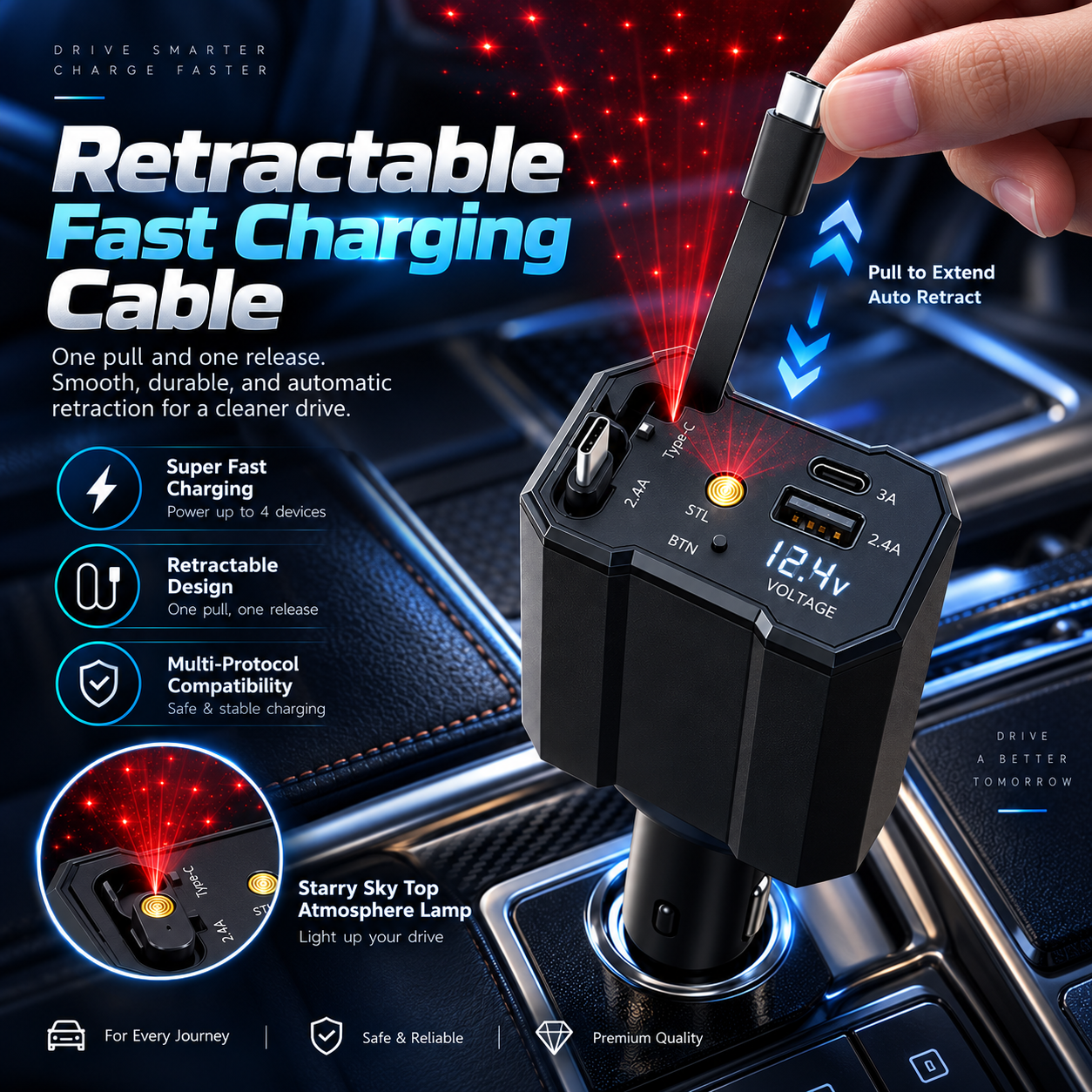Chargeur 120W 5 en 1 avec Câbles Rétractables Ports USB,Type-C et Veilleuse Ciel Étoilé - شاحن سيارة سريع 120 واط متعدد المنافذ مع إضاءة سقف نجوم - 5