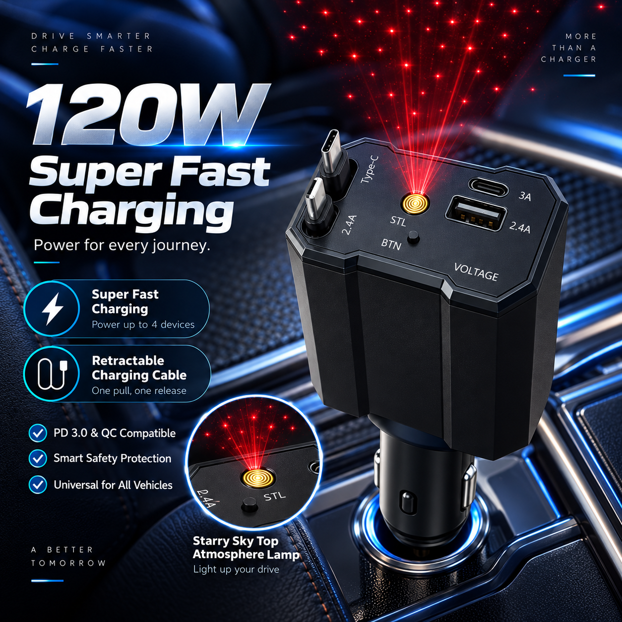 Chargeur 120W 5 en 1 avec Câbles Rétractables Ports USB,Type-C et Veilleuse Ciel Étoilé - شاحن سيارة سريع 120 واط متعدد المنافذ مع إضاءة سقف نجوم - 6