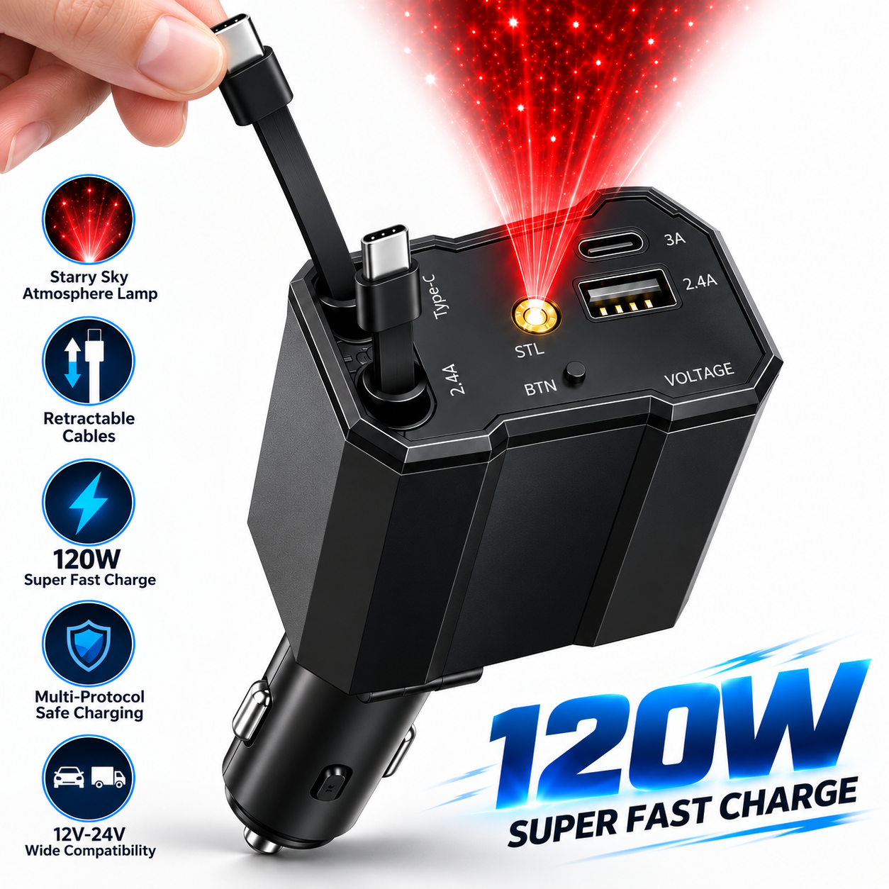 Chargeur 120W 5 en 1 avec Câbles Rétractables Ports USB,Type-C et Veilleuse Ciel Étoilé - شاحن سيارة سريع 120 واط متعدد المنافذ مع إضاءة سقف نجوم 2