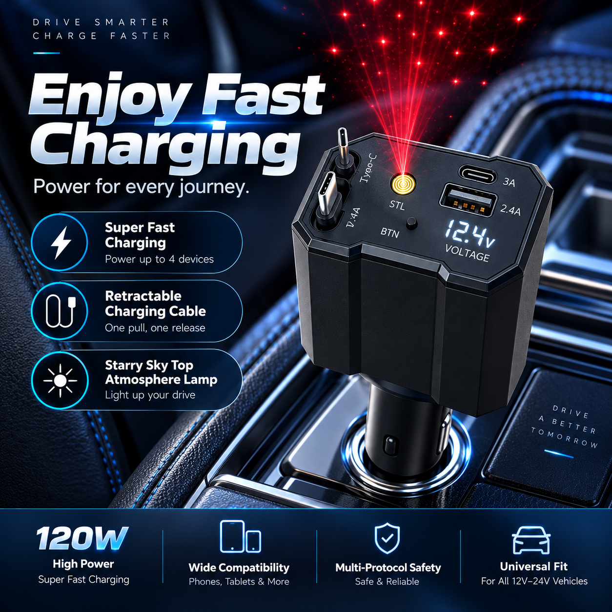 Chargeur 120W 5 en 1 avec Câbles Rétractables Ports USB,Type-C et Veilleuse Ciel Étoilé - شاحن سيارة سريع 120 واط متعدد المنافذ مع إضاءة سقف نجوم 3