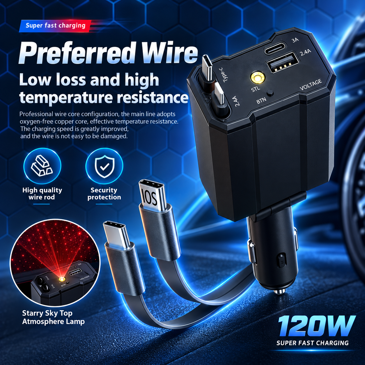 Chargeur 120W 5 en 1 avec Câbles Rétractables Ports USB,Type-C et Veilleuse Ciel Étoilé - شاحن سيارة سريع 120 واط متعدد المنافذ مع إضاءة سقف نجوم 6