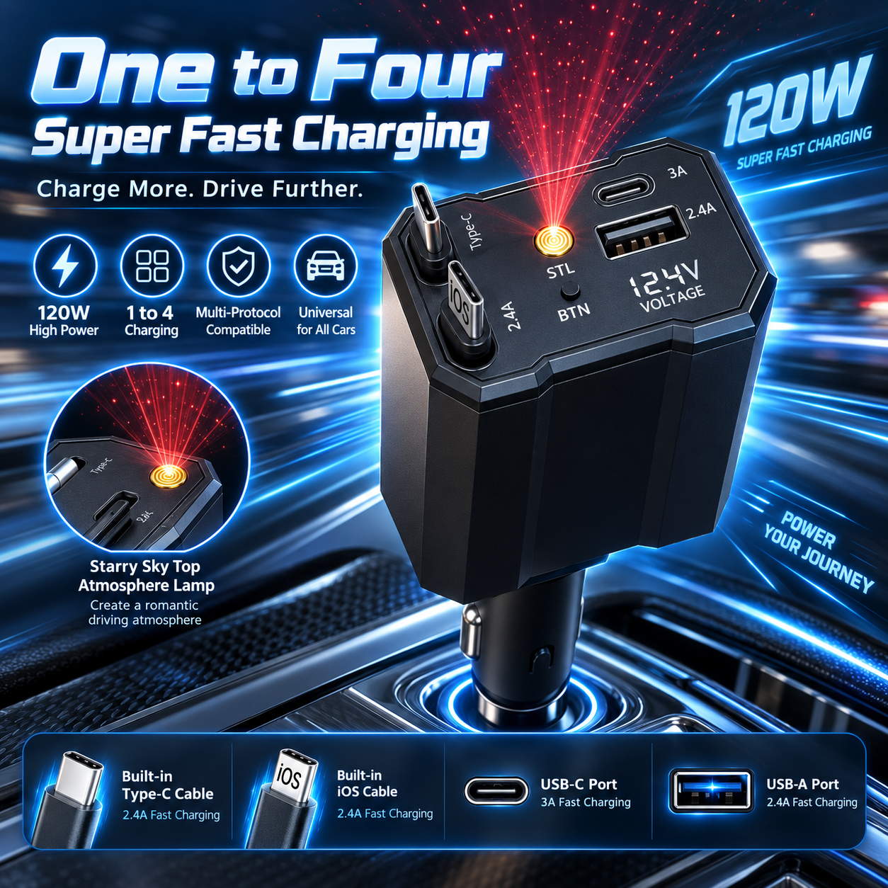 Chargeur 120W 5 en 1 avec Câbles Rétractables Ports USB,Type-C et Veilleuse Ciel Étoilé - شاحن سيارة سريع 120 واط متعدد المنافذ مع إضاءة سقف نجوم 9