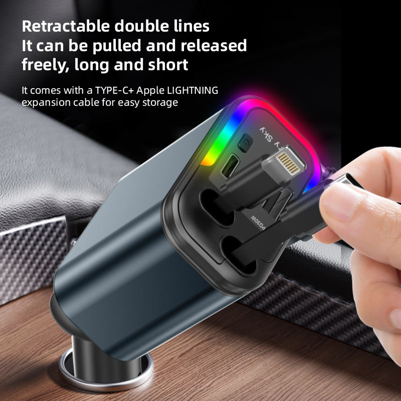 Chargeur de Voiture 120W Max 4 en 1 avec Câbles Rétractables et Ports USB/Type-C - 2