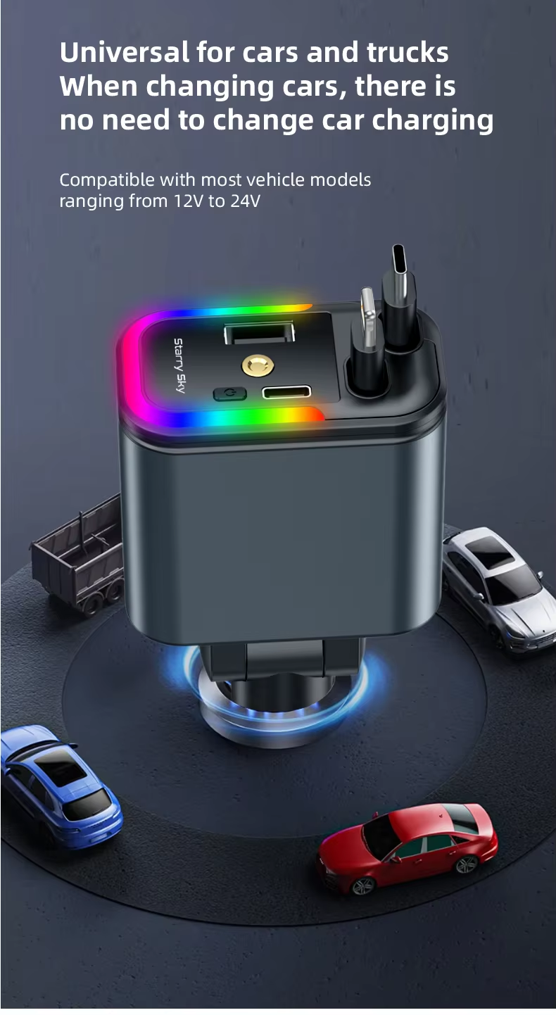 Chargeur de Voiture 120W Max 4 en 1 avec Câbles Rétractables et Ports USB/Type-C - 9