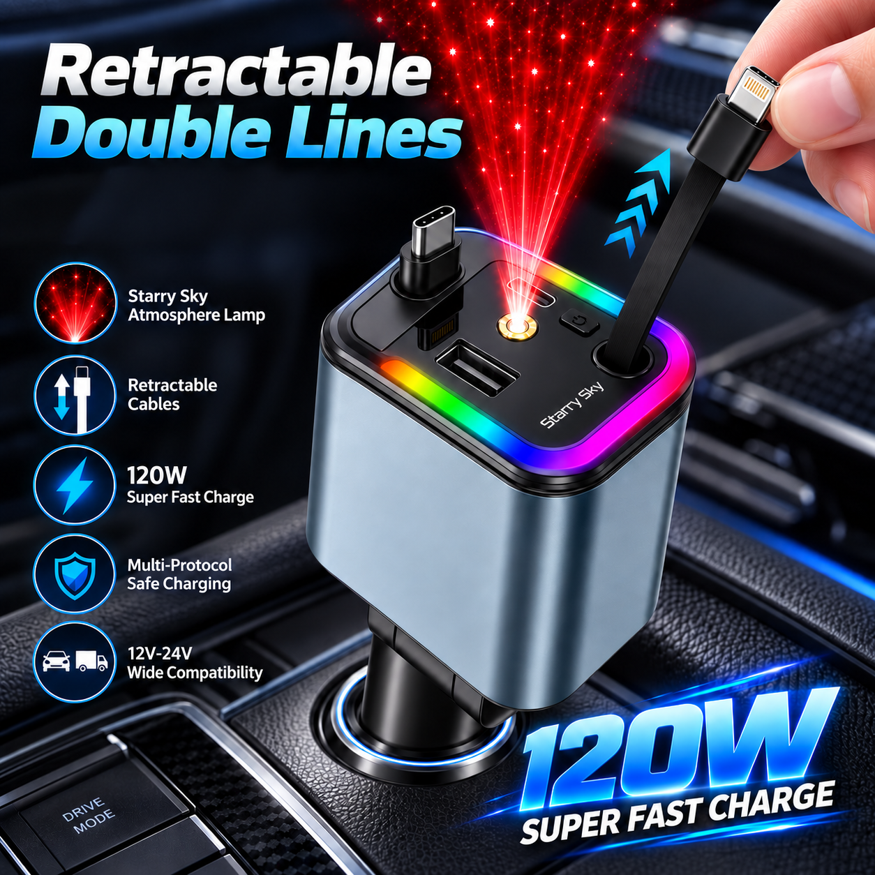 Chargeur de Voiture 120W Max 4 en 1 avec Câbles Rétractables et Ports USB/Type-C 1