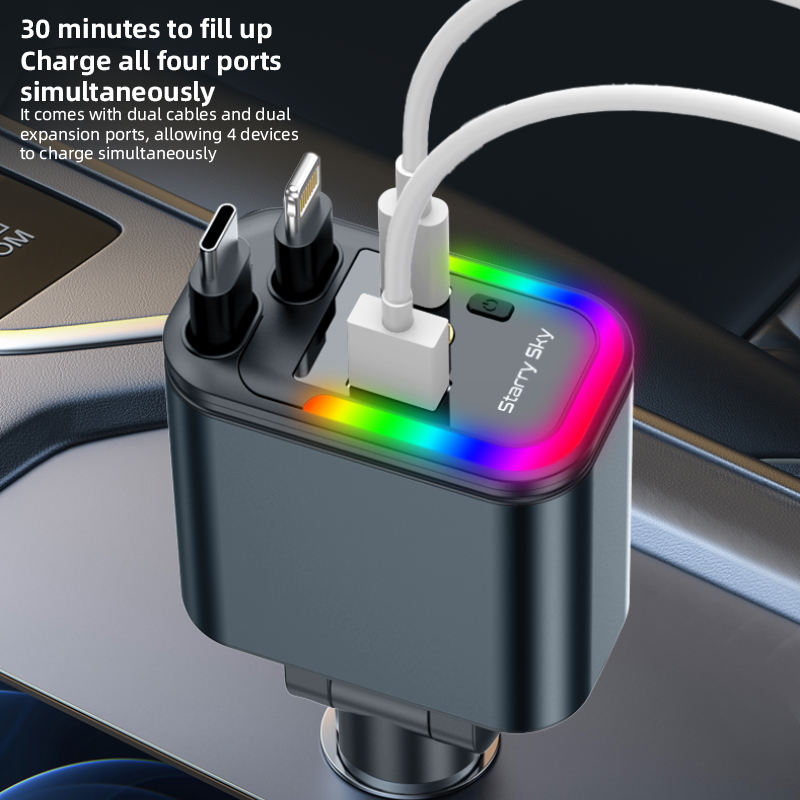 Chargeur de Voiture 120W Max 4 en 1 avec Câbles Rétractables et Ports USB/Type-C 2