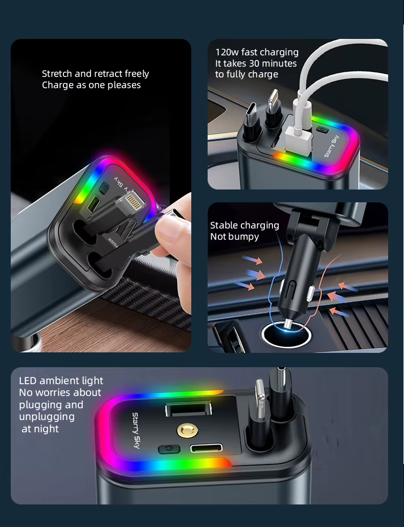 Chargeur de Voiture 120W Max 4 en 1 avec Câbles Rétractables et Ports USB/Type-C 9