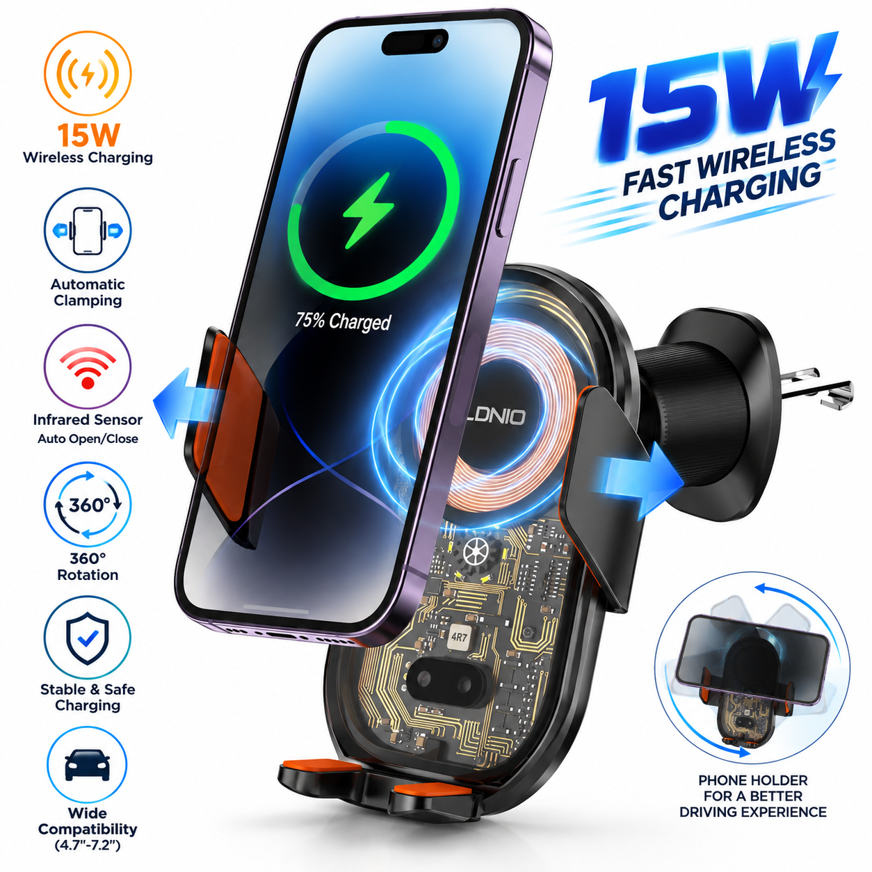 Support Téléphone Voiture avec Chargeur Sans Fil 15W Capteur Infrarouge LDNIO MA30 - حامل هاتف للسيارة وشاحن لاسلكي ذكي