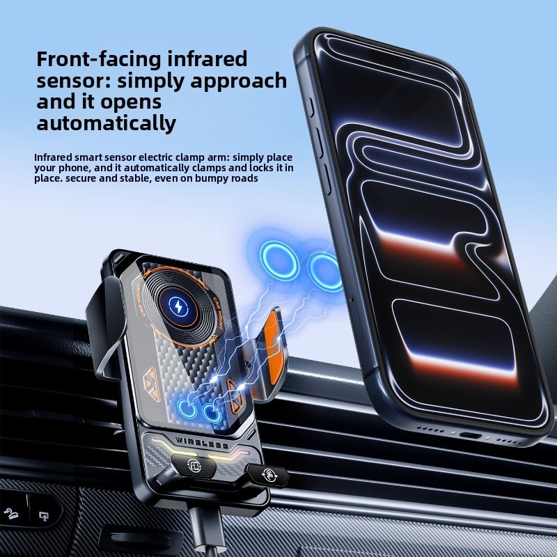 Support Téléphone Voiture avec Chargeur Sans Fil 15W Modèle F6 Induction Intelligente - حامل هاتف للسيارة مع شاحن لاسلكي سريع 15 واط - 12