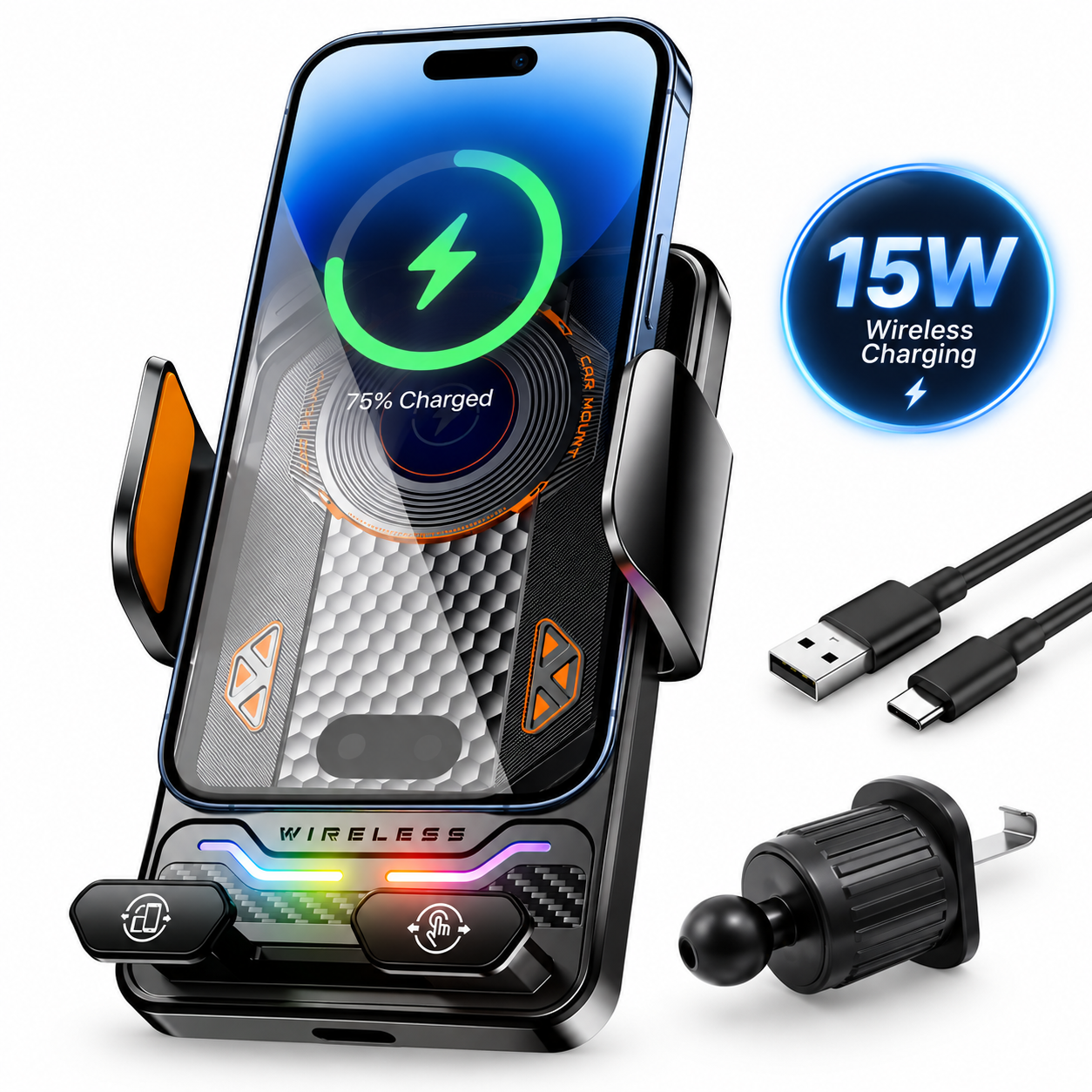Support Téléphone Voiture avec Chargeur Sans Fil 15W Modèle F6 Induction Intelligente - حامل هاتف للسيارة مع شاحن لاسلكي سريع 15 واط 2