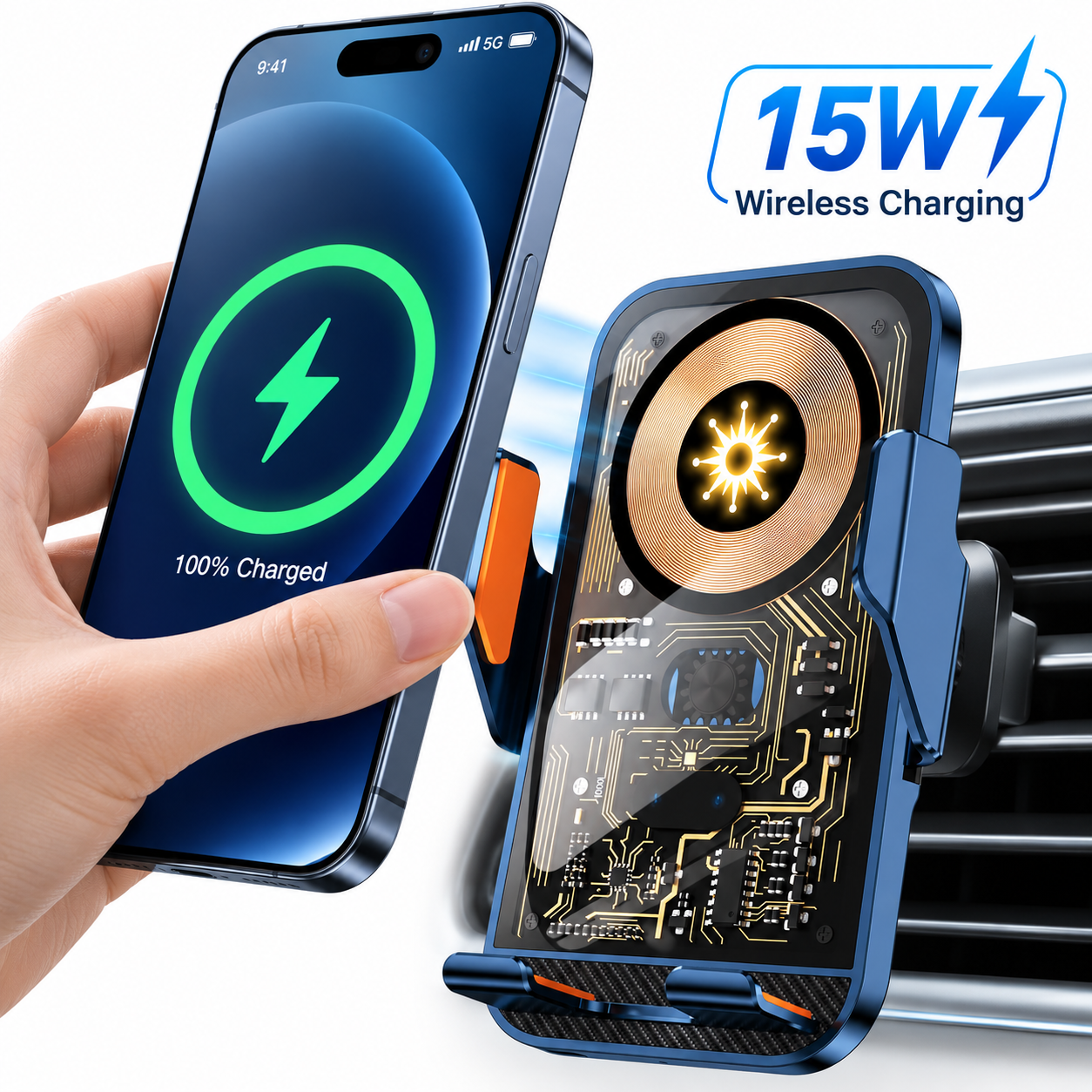 Support Téléphone Voiture avec Chargeur Sans Fil 15W Modèle C10 Design Transparent - حامل هاتف للسيارة مع شاحن لاسلكي سريع 15 واط موديل