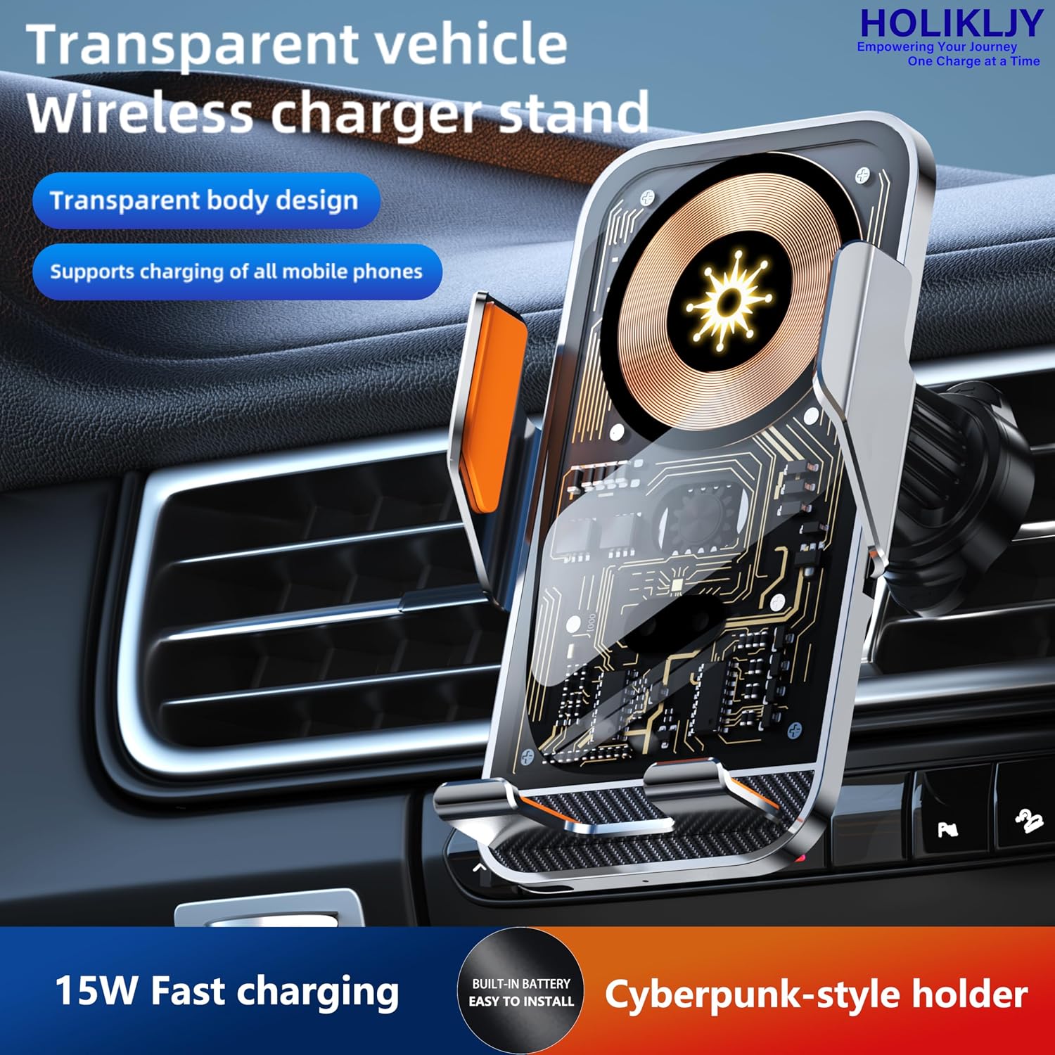 Support Téléphone Voiture avec Chargeur Sans Fil 15W Modèle C10 Design Transparent - حامل هاتف للسيارة مع شاحن لاسلكي سريع 15 واط موديل - 8