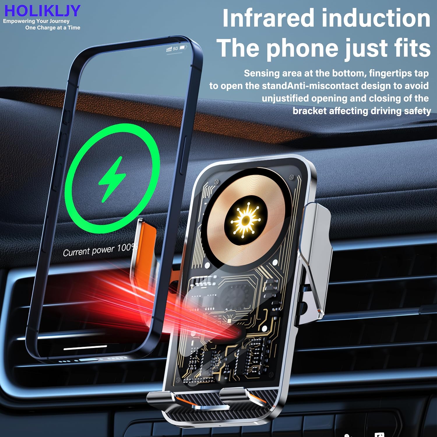 Support Téléphone Voiture avec Chargeur Sans Fil 15W Modèle C10 Design Transparent - حامل هاتف للسيارة مع شاحن لاسلكي سريع 15 واط موديل - 13