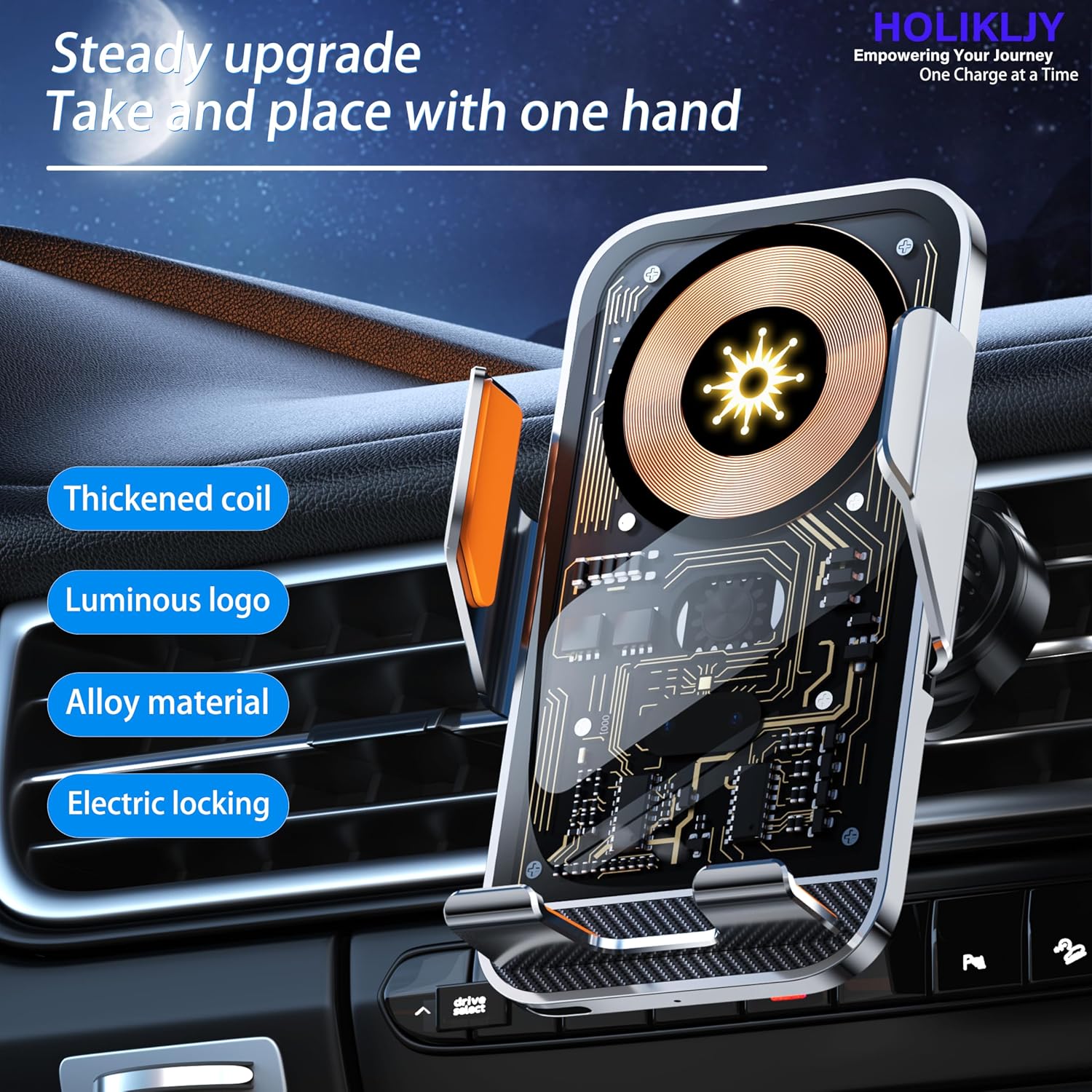 Support Téléphone Voiture avec Chargeur Sans Fil 15W Modèle C10 Design Transparent - حامل هاتف للسيارة مع شاحن لاسلكي سريع 15 واط موديل 9