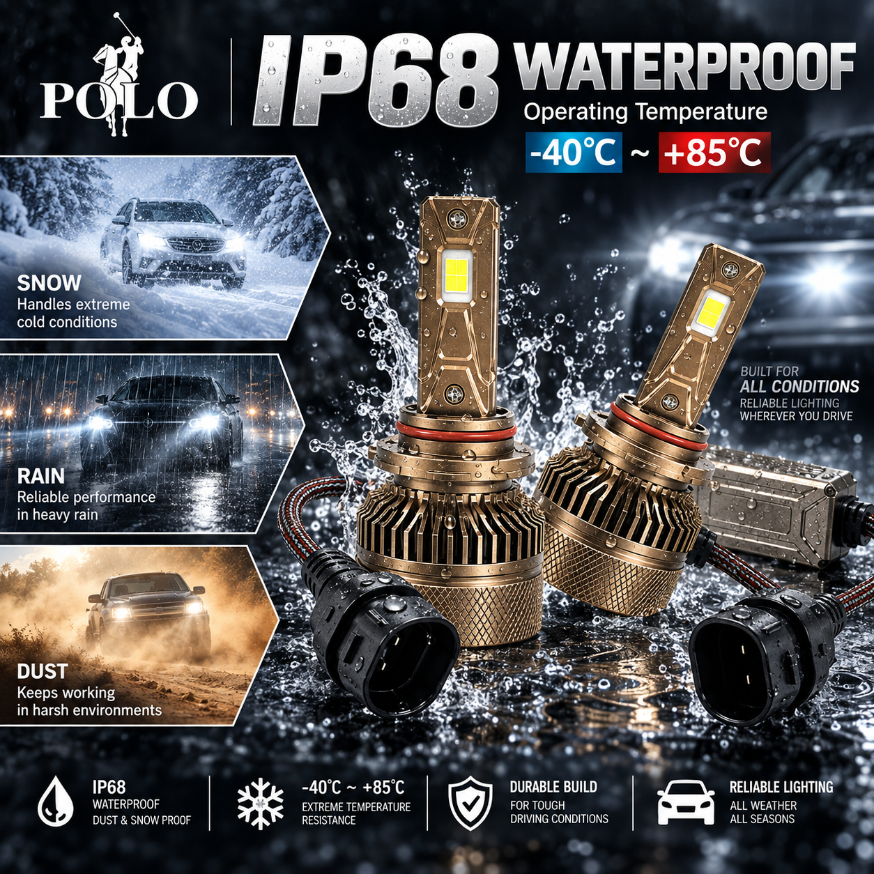 Ampoules de Phare LED POLO M06 160W, 16000LM HB3/9005 - لمبات إضاءة أمامية ليد للسيارات 160 واط - 1