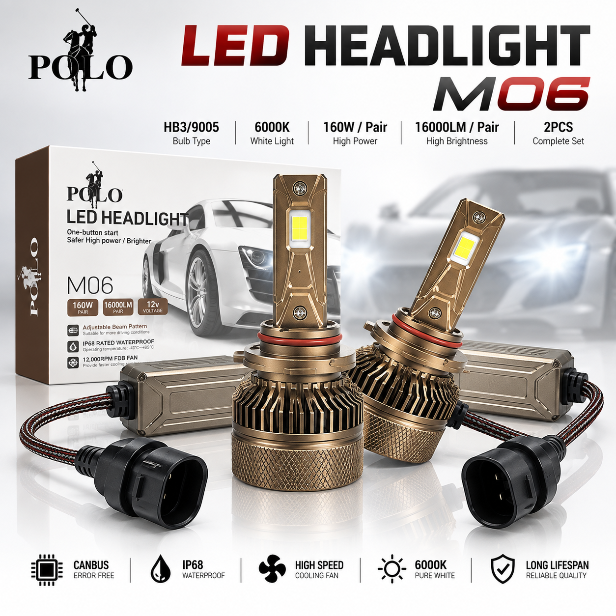 Ampoules de Phare LED POLO M06 160W, 16000LM HB3/9005 - لمبات إضاءة أمامية ليد للسيارات 160 واط 1