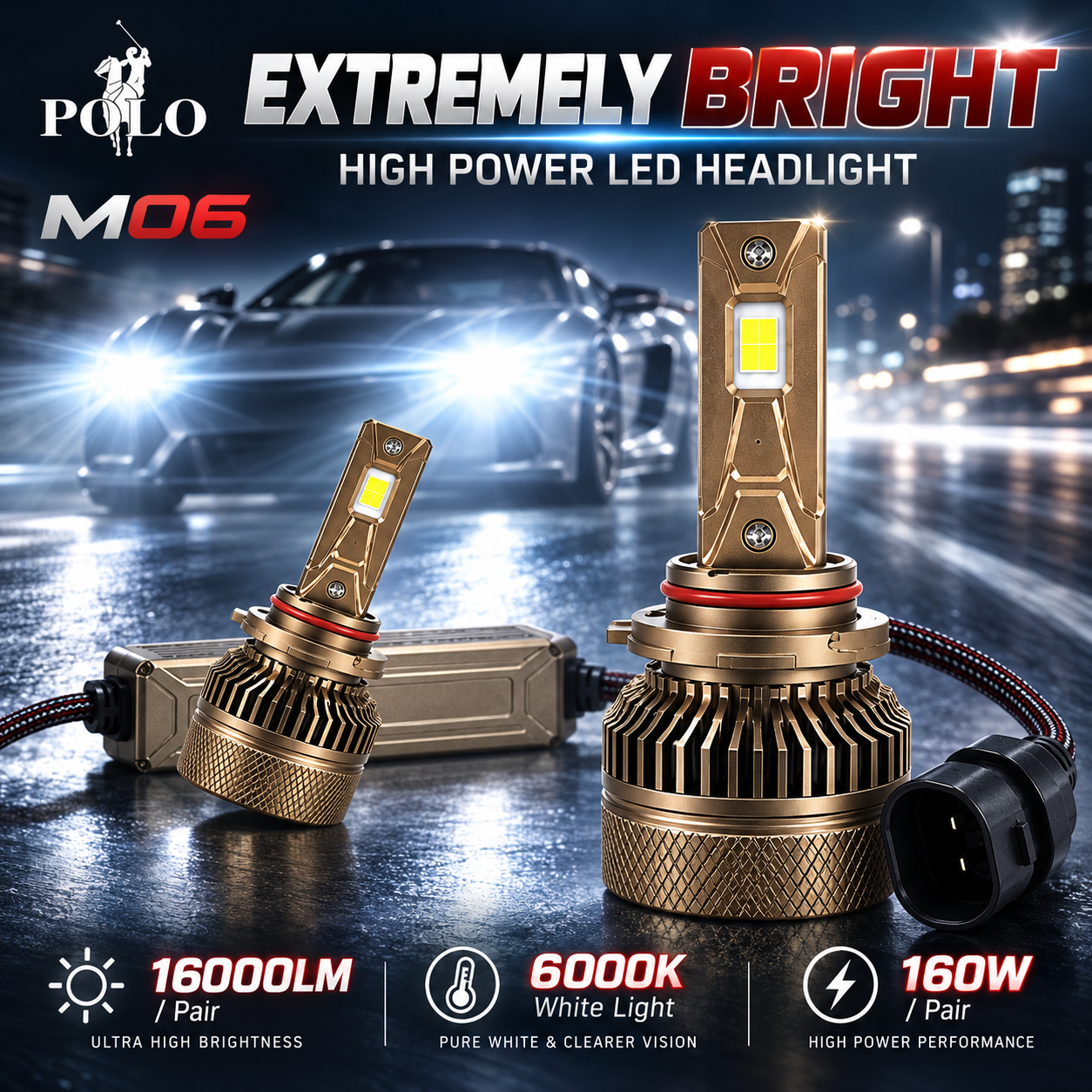 Ampoules de Phare LED POLO M06 160W, 16000LM HB3/9005 - لمبات إضاءة أمامية ليد للسيارات 160 واط 6