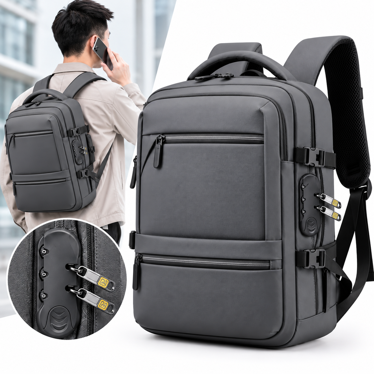 Sac à Dos pour Ordinateur Portable Grande Capacité et Anti-Vol Bomag Boy Gris - حقيبة ظهر للكمبيوتر المحمول واسعة ومانعة للسرقة 2