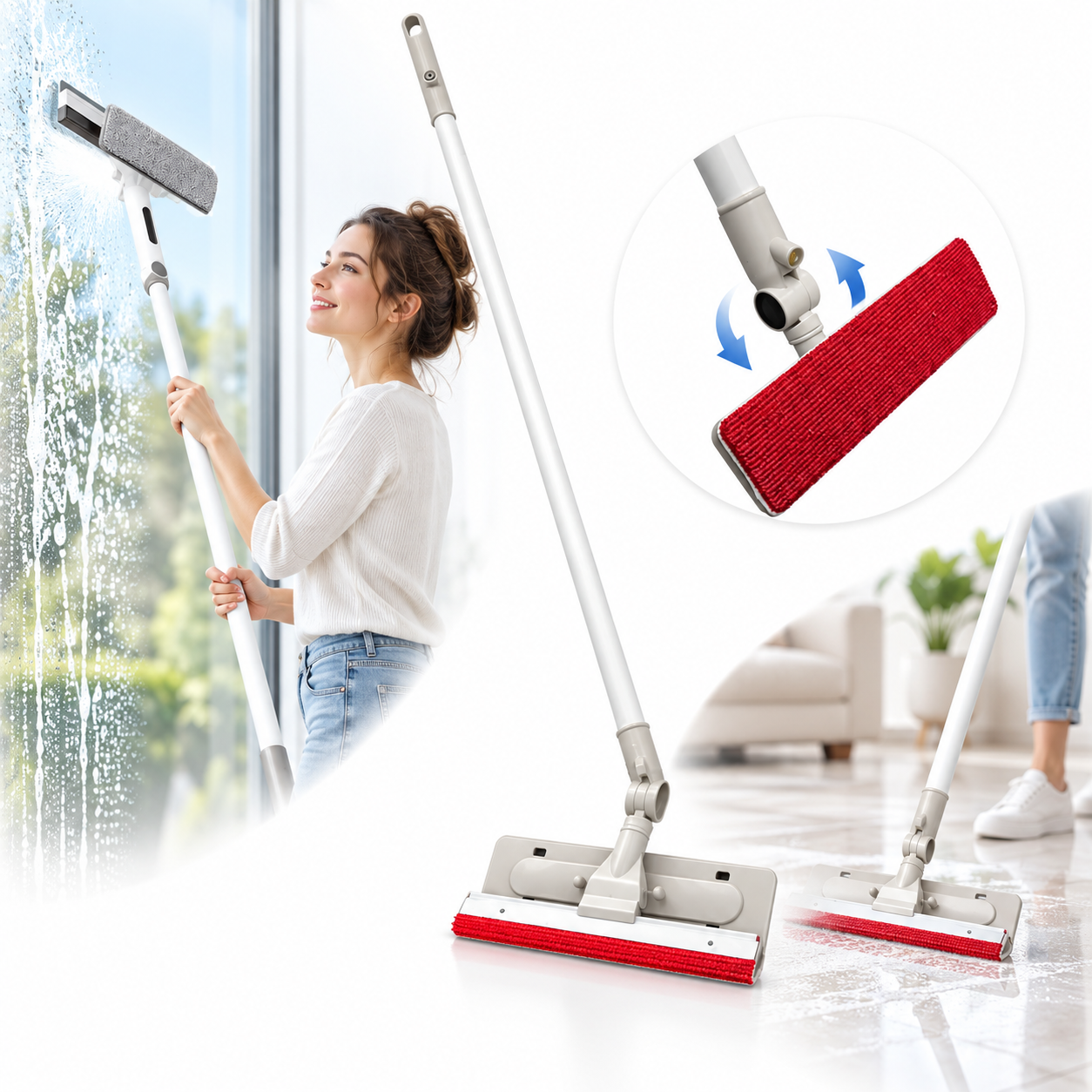 Balai Frottoir Vitre FIRLA avec Tête Rotative - ممسحة الزجاج برأس دوار ومقبض طويل