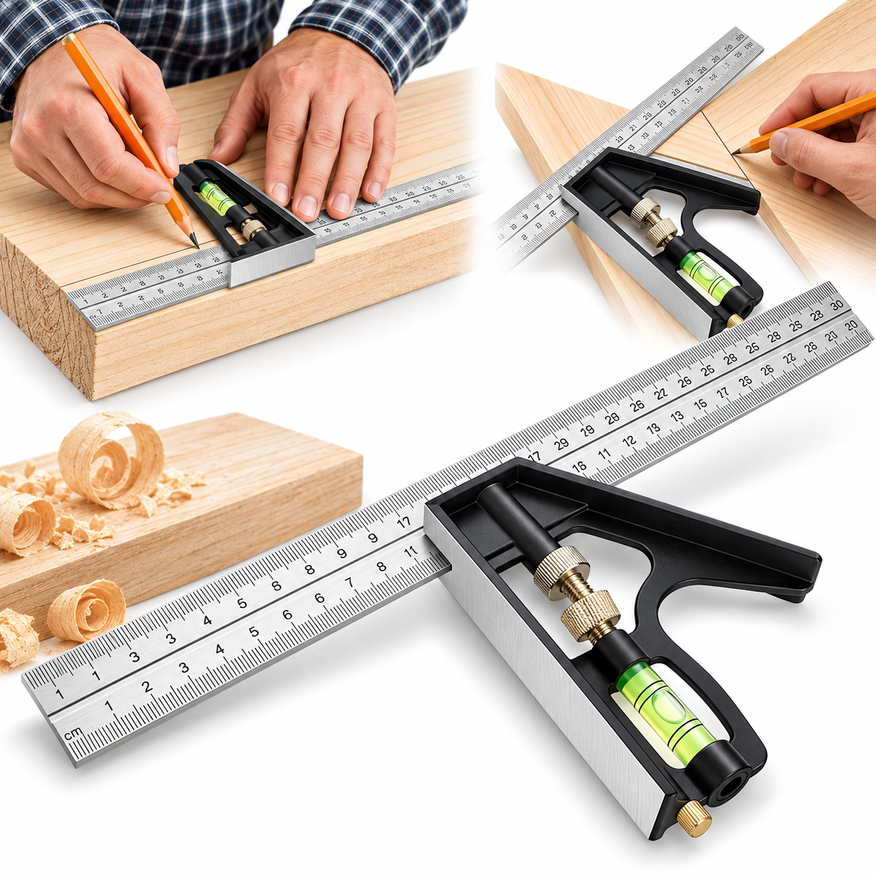 Outils de Menuiserie Carrée en Acier Inoxydable de 12'/300 mm, Règle de 45/90 Degrés avec Niveau à Bulle. 2
