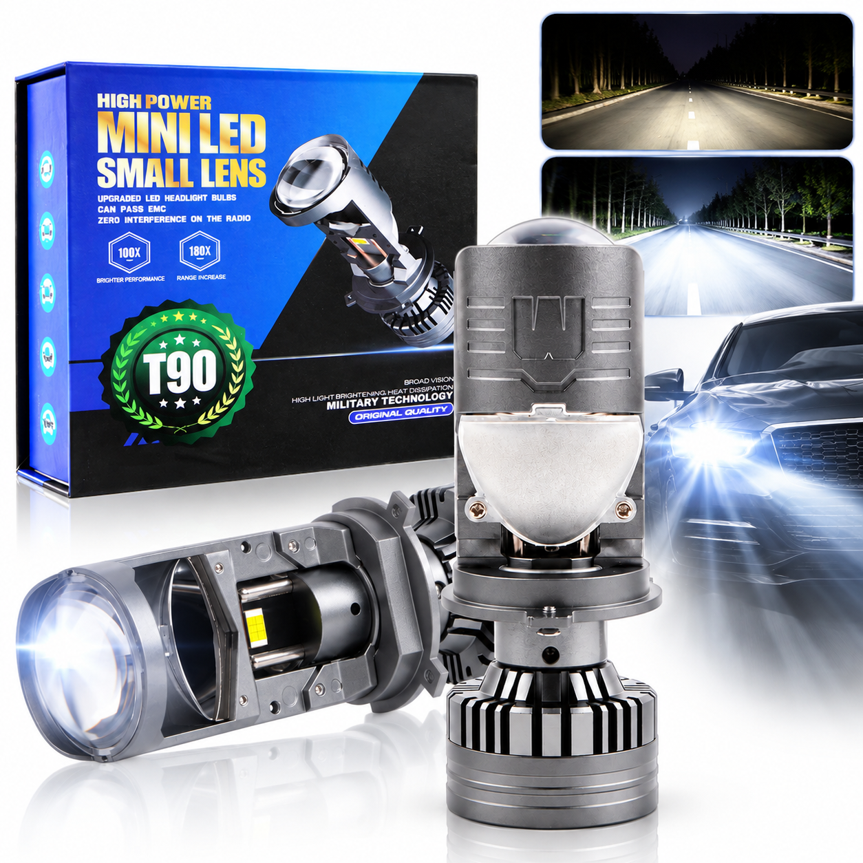 Mini Projecteurs LED T90 H4 140W et Phares LED 6000K - كشافات ليد للسيارات بقوة 140 واط وإضاءة بيضاء 6000 كلفن