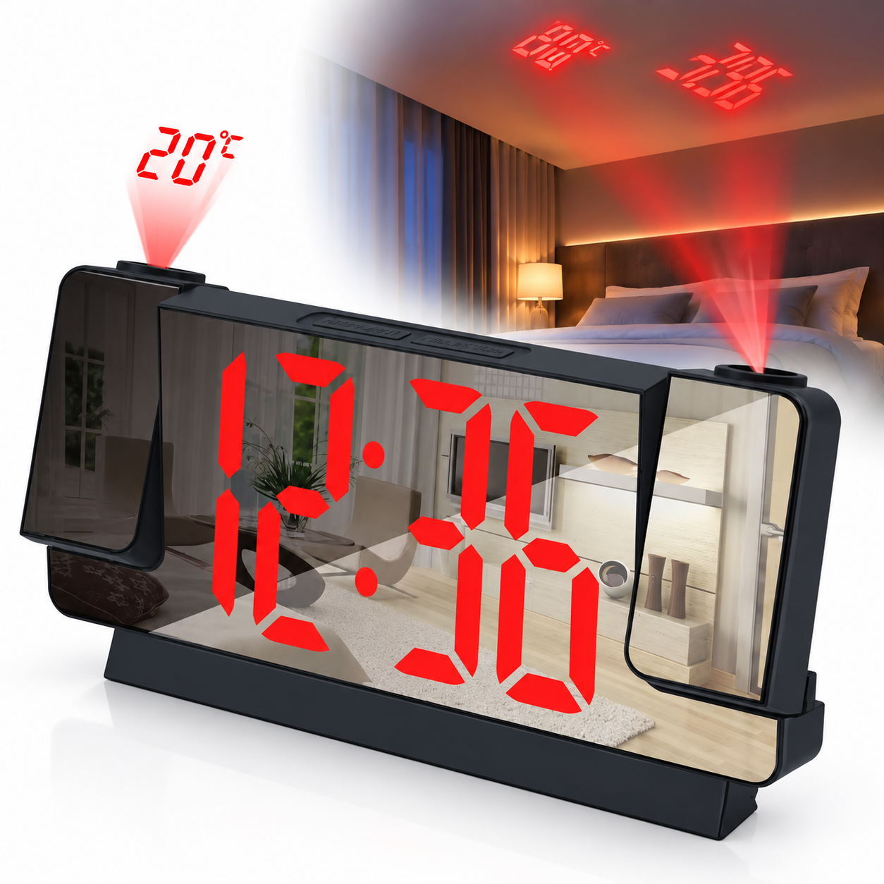 Réveil Projecteur avec Écran Miroir et Affichage Grand Format - ساعة منبه 1