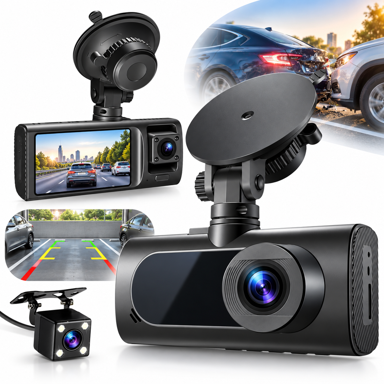 Caméra de Tableau de Bord Triple 3 Canaux et Dashcam Grand Angle - كاميرا سيارة داش كام ثلاثية العدسات للمراقبة الشاملة