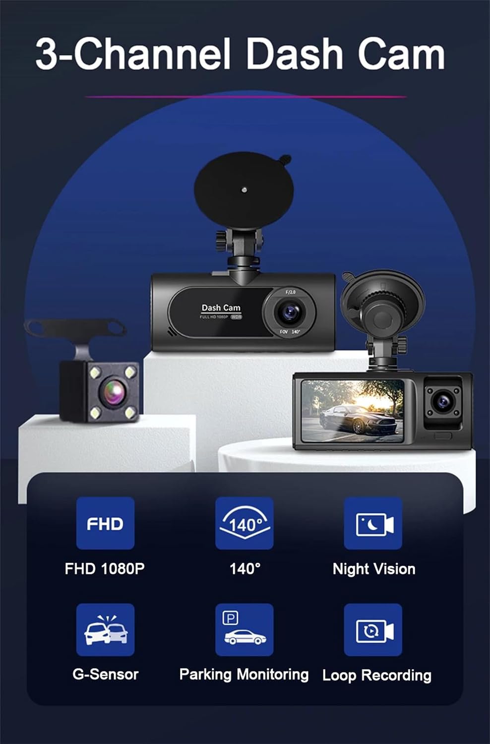 Caméra de Tableau de Bord Triple 3 Canaux et Dashcam Grand Angle - كاميرا سيارة داش كام ثلاثية العدسات للمراقبة الشاملة 5