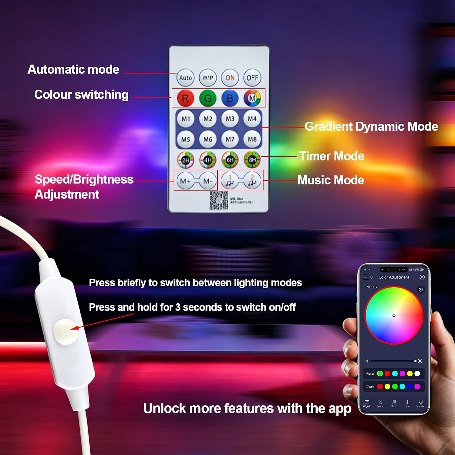 Bande LED RGBIC Intelligente Fluffy Light 360° USB App Control - شريط إضاءة ليد ذكي إضاءة محيطية 360 درجة - 2