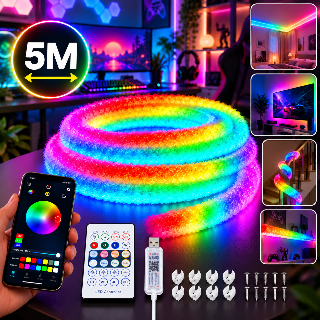 Bande LED RGBIC Intelligente Fluffy Light 360° USB App Control 5M - شريط إضاءة ليد ذكي إضاءة محيطية 360 درجة 2