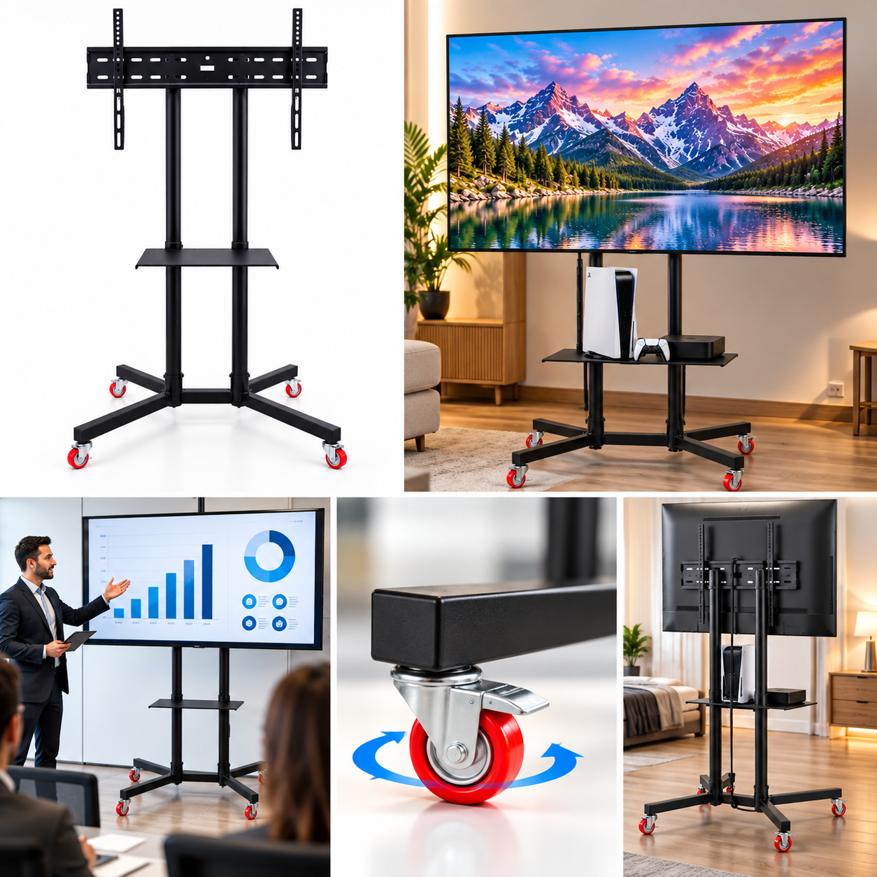 Support TV Mobile Sur Roulettes avec Étagère GM - حامل تلفاز متحرك بعجلات ورف وسائط 4