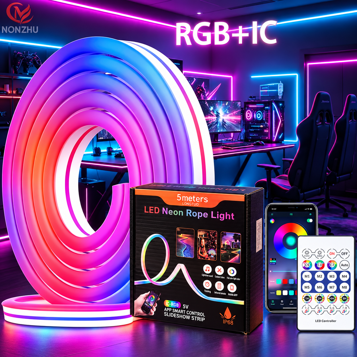 Bande LED Néon Flexible RGB 5m avec Bluetooth et USB – شريط إضاءة نيون مرن بطول 5 أمتار مع بلوتوث 1
