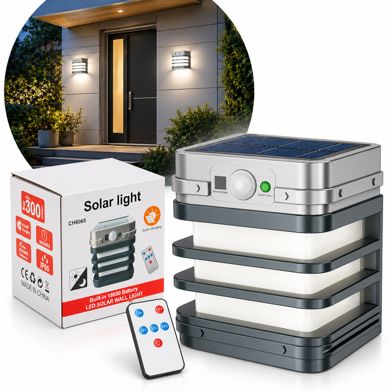 Lampe Applique Murale Solaire Intelligente à LED avec Télécommande - مصباح حائط شمسي ذكي مقاوم للماء 1