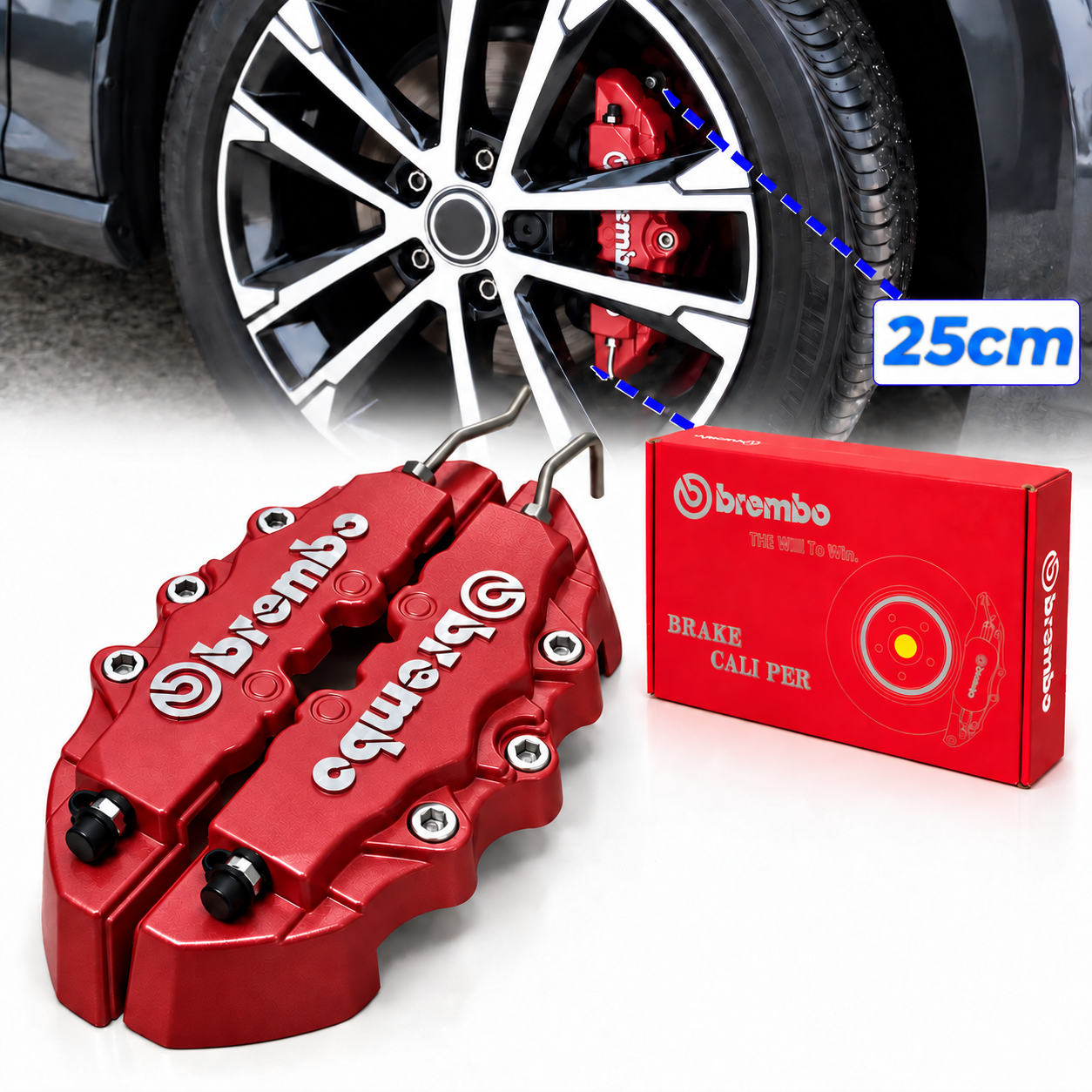 Lot de 2 Caches Étriers de Frein Décoratifs Rouge en Fonte 25cm - طقم غطاءين لتزيين فرامل السيارة 1
