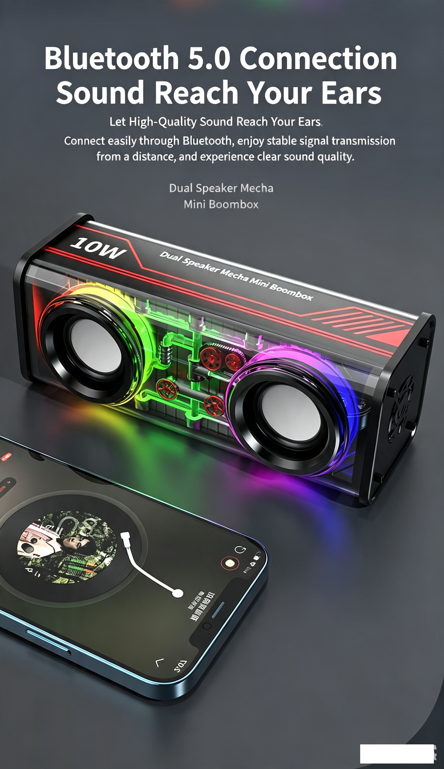 Haut-Parleur Bluetooth 5.3 Lumineux avec Boîtier Transparent - مكبر صوت بلوتوث لاسلكي شفاف مع إضاءة ملونة وسماعات مضاعفة - 1